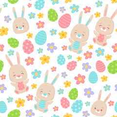 Happy Easter seamless pattern with cute cartoon Bunny, eggs, spring flowers