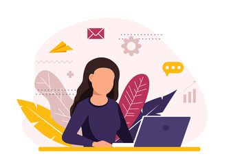 Happy freelancer with computer at home. young woman sitting in armchair and using laptop, chatting online and smiling. vector illustration for distance work, online learning, freelance