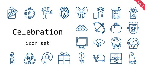 celebration icon set. line icon style. celebration related icons such as frankenstein, gift, shower, flowers, limited time, wedding ring, balloons, display, cup cake, ribbon, ox, bow, pilgrim, muffin