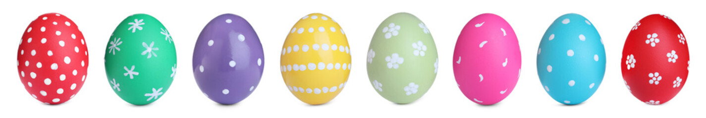 Set with colorful Easter eggs on white background, banner design