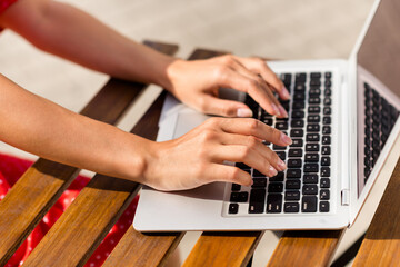 Cropped photo of attractive beautiful young lady arms wear typing modern device outside urban city street
