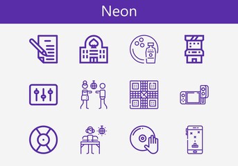 Premium set of neon line icons. Simple neon icon pack. Stroke vector illustration on a white background. Modern outline style icons collection of Letter, Game, Casino, Bowling, Disco, DJ