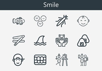Premium set of smile line icons. Simple smile icon pack. Stroke vector illustration on a white background. Modern outline style icons collection of Denture, Grasshopper, Satisfaction, Stick