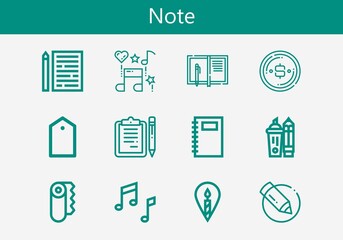 Premium set of note line icons. Simple note icon pack. Stroke vector illustration on a white background. Modern outline style icons collection of Livejournal, Notebook, Dollar, Music, Paper