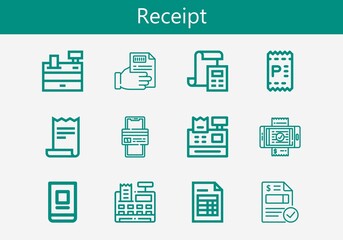 Premium set of receipt line icons. Simple receipt icon pack. Stroke vector illustration on a white background. Modern outline style icons collection of Invoice, Receipt, Online banking, Online payment