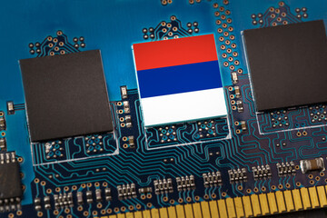 Russian Federation flag in the center of a circuit board. Concept of leadership in technology,...