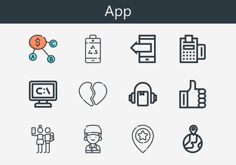 Premium set of app line icons. Simple app icon pack. Stroke vector illustration on a white background. Modern outline style icons collection of Placeholder, Payment, Like, Dollar, Broken heart, 