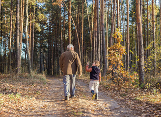 Fototapeta premium Happy child with Grandfather playing at the forest. Grandpa retiree. Retirement parent. Portrait of pensive senior man and his grandson. Senior man having fun with his grandchild outdoor.