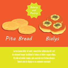 pita bread and bialys bakery and pastry french and danish pastries banner. vector illustration