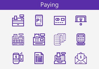 Premium set of paying line icons. Simple paying icon pack. Stroke vector illustration on a white background. Modern outline style icons collection of Invoice, Cash register, Payment terminal, Penalty