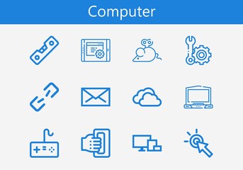 Premium set of computer line icons. Simple computer icon pack. Stroke vector illustration on a white background. Modern outline style icons collection of Broken link, Laptop, Gamepad, Mail