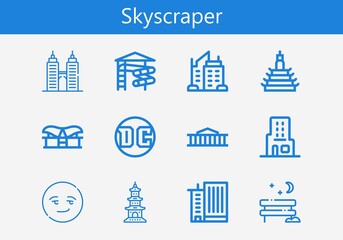 Premium set of skyscraper line icons. Simple skyscraper icon pack. Stroke vector illustration on a white background. Modern outline style icons collection of Office building, Building, Slider