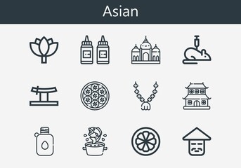 Premium set of asian line icons. Simple asian icon pack. Stroke vector illustration on a white background. Modern outline style icons collection of Baozi, Dojo, Soup, Canteen, Rat, Pendant