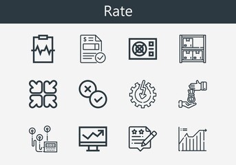 Premium set of rate line icons. Simple rate icon pack. Stroke vector illustration on a white background. Modern outline style icons collection of Heart rate, Invoice, Loan, Line chart, Rate