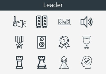 Premium set of leader line icons. Simple leader icon pack. Stroke vector illustration on a white background. Modern outline style icons collection of Goblet, Medal, Success, Speaker, Rook