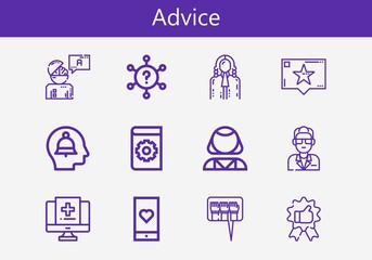 Premium set of advice line icons. Simple advice icon pack. Stroke vector illustration on a white background. Modern outline style icons collection of Answer, Guide, Manual, Psychologist, Medical app