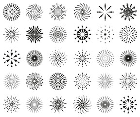 Obraz premium large set of drawn abstract sun rays and fireworks on a white background.
