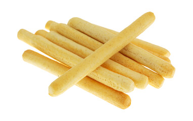 Side view of a group of crunchy breadsticks with one at an angle isolated on a white background.
