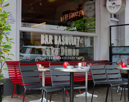 Bar "Basquiat" in Javastraat street, Oost, Amsterdam, Netherlands. Outside street view.