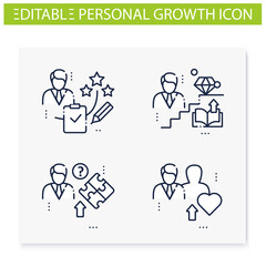 Personal growth line icons set. Consists of self knowledge, enhancing lifestyle, talents development, identifying potential. Isolated vector illustrations. Editable stroke
