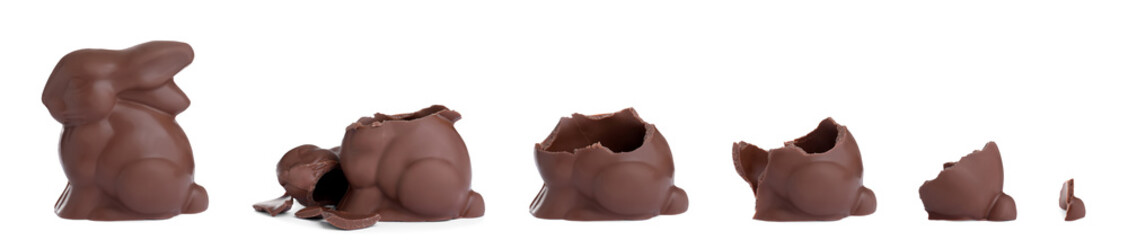 Process of eating delicious chocolate Easter bunny on white background, banner design