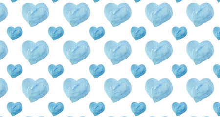 Blue hand drawn watercolor hearts.  Seamless watercolor pattern. Design for prints on fabrics, textile, covers, paper