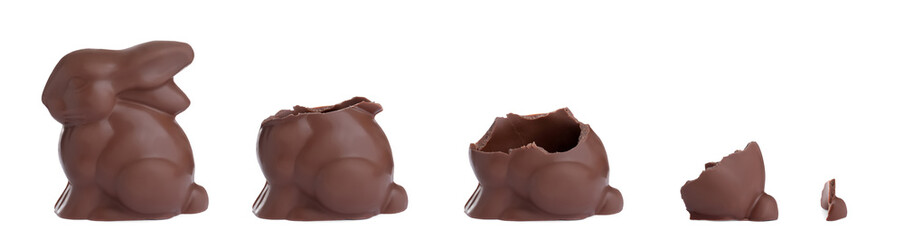 Process of eating delicious chocolate Easter bunny on white background, banner design
