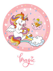 Rainbow cartoon unicorn vector illustration pink circle