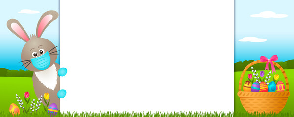 easter bunny in medical mask and medical gloves with easter basket and eggs in cartoon style.