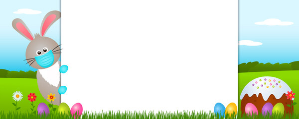 easter bunny in medical mask and medical gloves with easter eggs and festive cake in cartoon style.