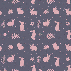 Seamless pattern with cute rabbits and flowers. Spring and easter theme seamless background.