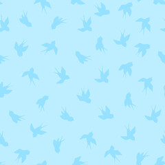 Seamless pattern with white swallow silhouette on blue background. Cute bird in flight. Vector illustration. Doodle style. Design for invitation, poster, card, fabric, textile.