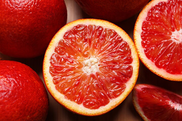 Closeup view of fresh ripe red oranges on table