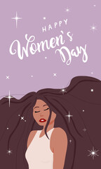 8 March, International Women's Day. Charming happy girl with long hair. Vector template with for card, poster, flyer and other users