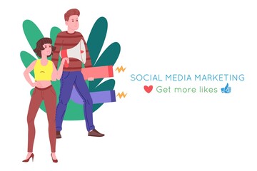 Smm, social media marketing, digital promotion on the internet, social network. Smm agency banner. Woman and man attracts hearts and likes with a magnet. Cartoon vector illustration for advertising.