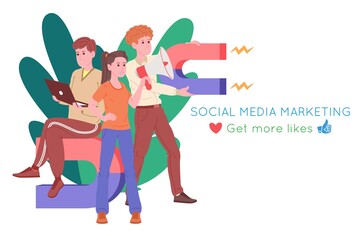 Smm, social media marketing, digital promotion on the internet, social network. Smm agency banner. Woman and men attracts hearts and likes with a magnet. Cartoon vector illustration for advertising.