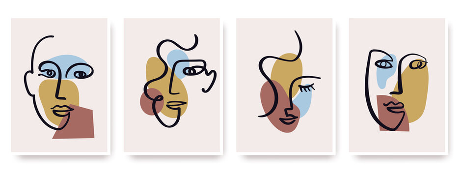 Contemporary abstract faces in one line art style on colorful shapes.