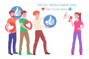 Fototapeta na wymiar Smm, social media marketing, digital promotion on the internet, social network. Smm agency banner. A woman through the megaphone attracts likes and hearts. Cartoon vector illustration for advertising.