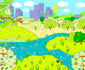 Card, children's illustration, summer warm day in the country. Countryside summer landscape. Mutilplating style. Ecology. City and nature. Green hills, pond, river. Glade with tulips.Reed in a pond. 