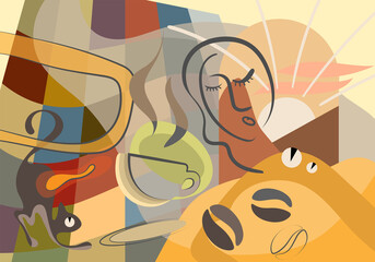 Abstraction of waking up in the morning with a cup of coffee.