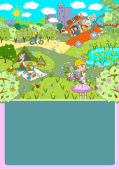 Card, children's illustration, summer warm day in the country. Rest, picnic, family traveling by car, the girl picking flowers,riding a bicycle,boytent, pond.With a place to write.Pastime, family 