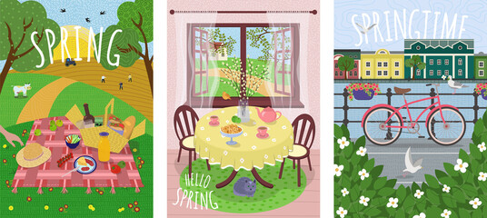 Hello Spring cute vector poster set. Outdoor picnic on grass and sowing, vacation in nature and village rest, bike on old city embankment and foliage and birds. Springtime hand drawn card or banner