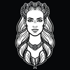 Animation portrait of the beautiful young woman Valkyrie. Pagan goddess, mythical character. White vector illustration isolated on a black background. Print, poster, t-shirt, card.