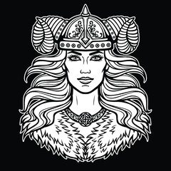Animation portrait of the beautiful young woman Valkyrie. Pagan goddess, mythical character. White vector illustration isolated on a black background. Print, poster, t-shirt, card.