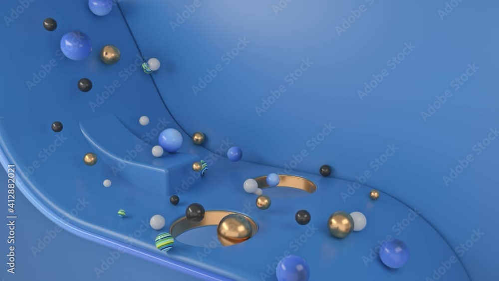 Poster abstract balls of different size rolling down the slope of a bended shaped object. animation. small 