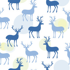 Deers and circles. Vector color blue image seamless pattern.