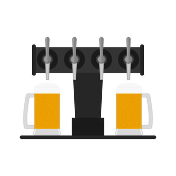 Beer pump, dispenser with taps and full glass beer mugs. Vector clipart. Illustration оn blank background. 