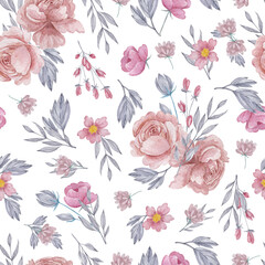 Roses and field herbs seamless pattern. Watercolor blush flowers on white background repeatable pattern.