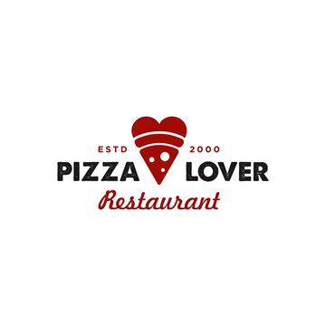 pizza love logo with red love heart valentine icon for a cafe and restaurant business, vintage hipster style restaurant logo.