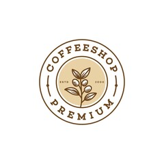 circle badge hand drawn coffee bean and leaf branch natural line stamp logo vector icon design in vintage hipster modern beautiful style, premium coffee shop bar icon